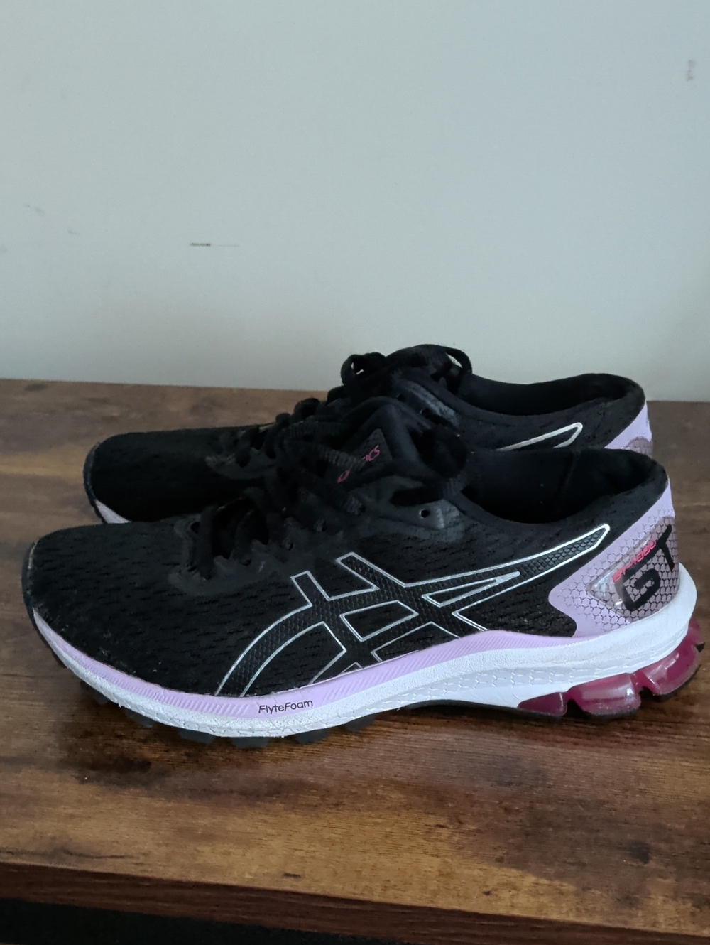 Asics Women's Black and Light Pink And Purple Gel-Enhanced Running Sneakers